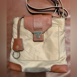 Tory Burch Penn Tan Nylon Leather Trip Crossbody